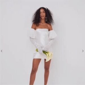 For Love & Lemons White Mini Dress with detachable poof sleeves gloves Sz M